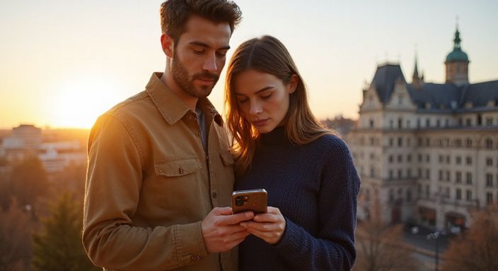 Zwei junge Menschen in Wien betrachten gemeinsam eine Smartphone-App für erotisch kontakt in Österreich.