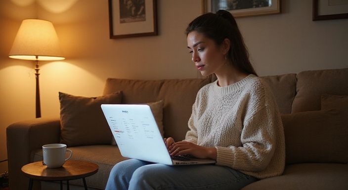 Eine Frau sitzt entspannt auf dem Sofa und nutzt ihren Laptop.