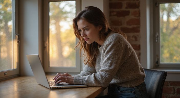 Eine Frau arbeitet konzentriert an ihrem Laptop, umgeben von Privatsphäre.
