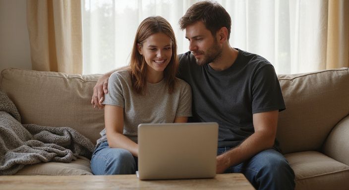 Ein Paar sitzt gemeinsam auf einem Sofa und nutzt einen Laptop.