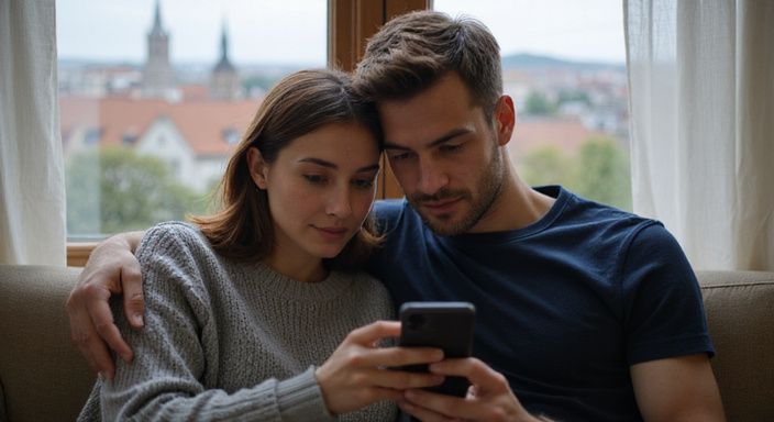 Ein Paar sitzt auf einer Couch und schaut konzentriert auf ein Handy.