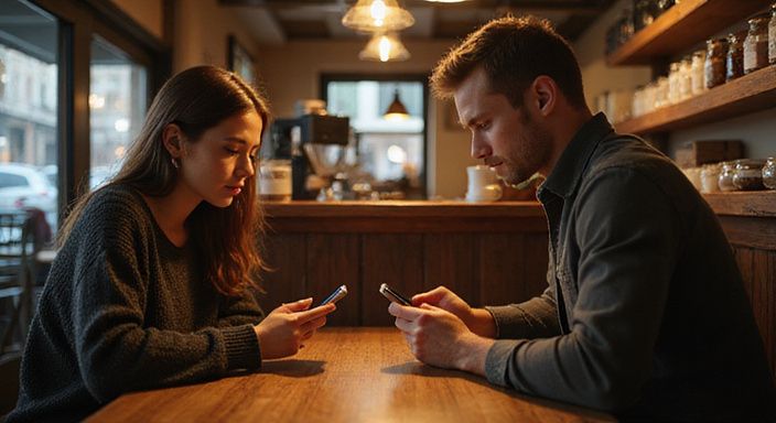 Ein Paar sitzt in einem Café und schaut auf ihre Smartphones.