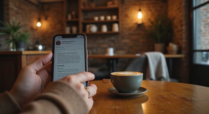 Smartphone zeigt Dating-App-Profil für sexkontakt in Burgenland in gemütlichem Café-Ambiente.