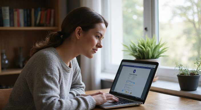 Eine konzentrierte Frau überprüft sorgfältig Reiseprofile am Laptop.