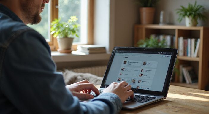 Eine Person sitzt am Laptop in einem gemütlichen Raum.