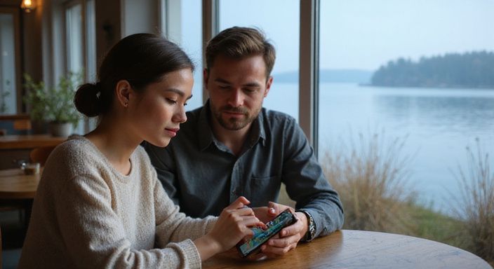 Ein junges Paar betrachtet gemeinsam Inhalte auf einem Smartphone in einem Café.
