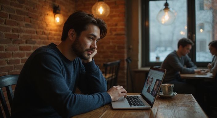 Eine Person in einem Café betrachtet aufmerksam eine Dating-Website für sexkontakt in Burgenland.