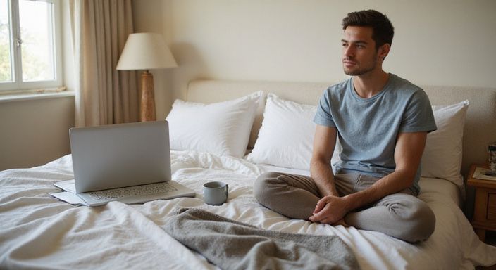 Eine Person entspannt sich mit einem Laptop im Bett.