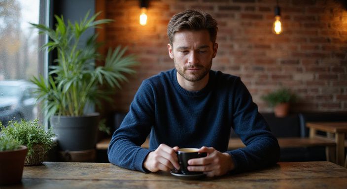 Ein nachdenklicher Mann sitzt in einem Café mit Kaffee und wollen sexkontakt in Burgenland.