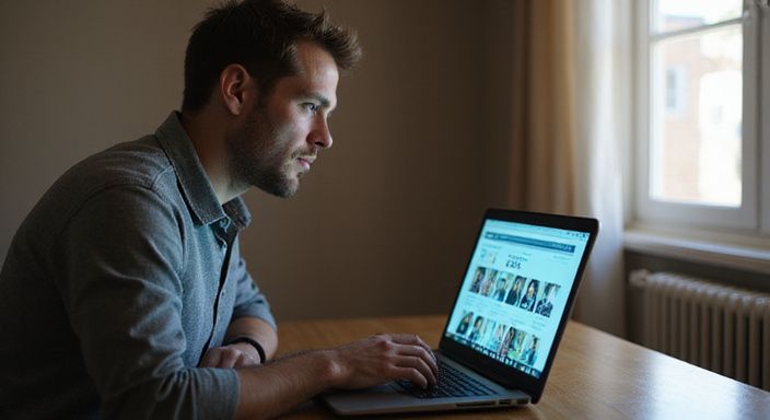 Ein Mann sitzt an einem Schreibtisch und durchsucht eine Webseite.