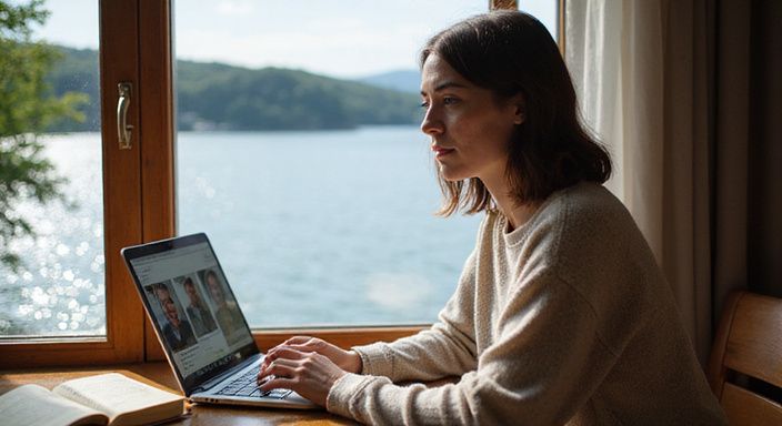 Eine nachdenkliche Frau sitzt am Tisch und betrachtet Profile für sexkontakt in Klagenfurt auf einem Laptop.
