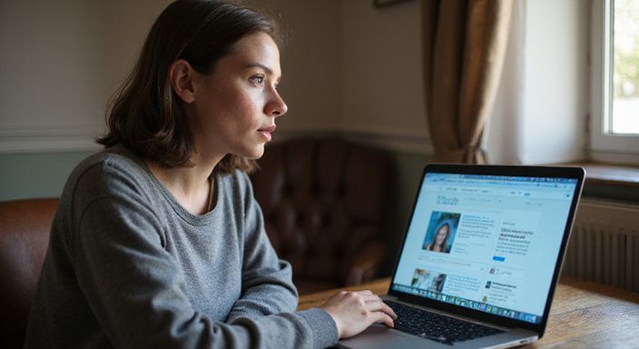 Eine Frau arbeitet konzentriert an ihrem Laptop an einem Schreibtisch.