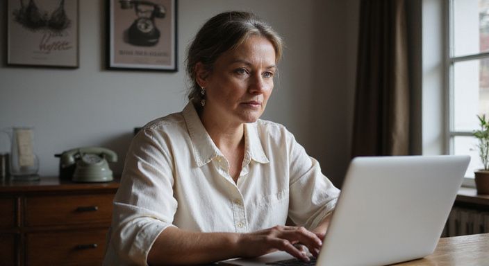 Eine nachdenkliche Frau sitzt an einem Holzschreibtisch vor einem Laptop.
