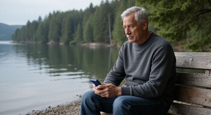 Ein nachdenklicher Mann sitzt am Ufer des Wörthersees und suche sexkontakt in Klagenfurt.