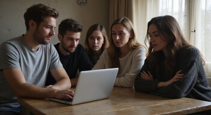Fünf junge Erwachsene arbeiten gemeinsam an einem Laptop in gemütlicher Atmosphäre. Fünf junge Erwachsene arbeiten gemeinsam an einem Laptop in gemütlicher Atmosphäre.