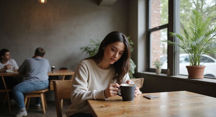 Eine nachdenkliche Frau genießt Kaffee in einem gemütlichen Café. Eine nachdenkliche Frau genießt Kaffee in einem gemütlichen Café.