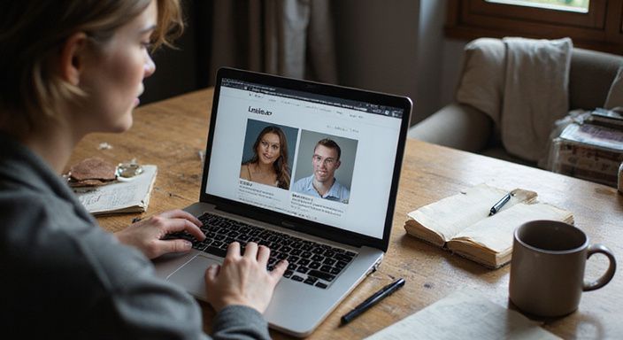 Eine Person nutzt einen Laptop auf einem abgegriffenen Holzschreibtisch. Eine Person nutzt einen Laptop auf einem abgegriffenen Holzschreibtisch.