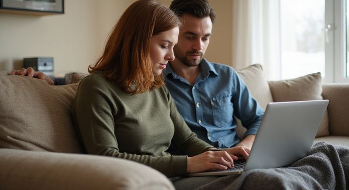 Ein Paar sitzt entspannt auf einem Sofa und betrachtet einen Laptop. Ein Paar sitzt entspannt auf einem Sofa und betrachtet einen Laptop.