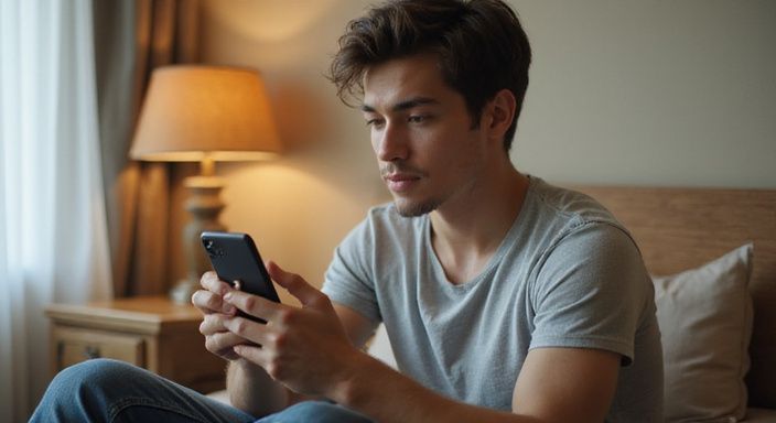Eine junge Person sitzt entspannt mit einem Smartphone in der Hand. Eine junge Person sitzt entspannt mit einem Smartphone in der Hand und suche sexkontakt in Linz.