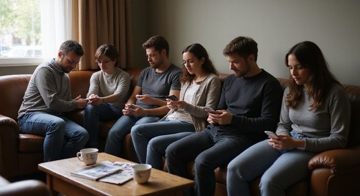 Fünf Erwachsene nutzen gemeinsam ihre Smartphones in einer entspannten Lounge. Fünf Erwachsene nutzen gemeinsam ihre Smartphones in einer entspannten Lounge.