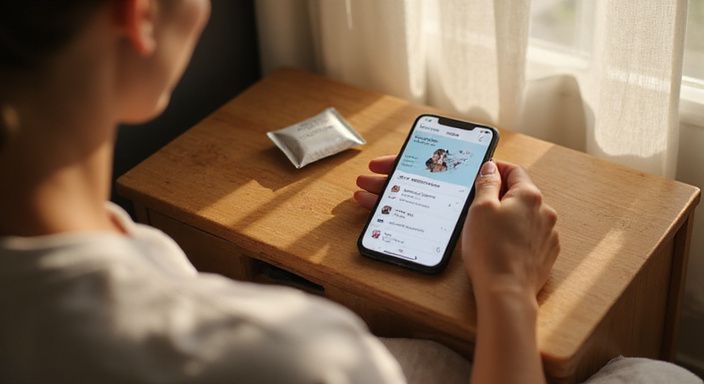 Ein Nachttisch mit Smartphone und Kondom in einem ruhigen Schlafzimmer. Ein Nachttisch mit Smartphone und Kondom in einem ruhigen Schlafzimmer.