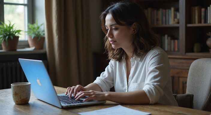 Eine Frau sitzt konzentriert an einem Holzschreibtisch mit einem Laptop und suce sextreffen in Vorarlberg.