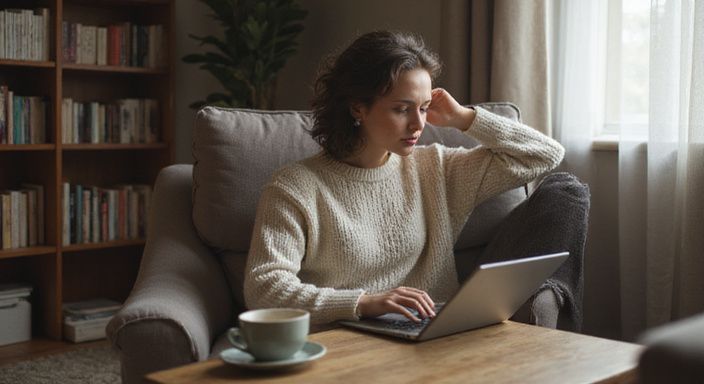 Eine Frau sitzt entspannt in einem Sessel und suche am Laptop nach sextreffen in Vorarlberg.