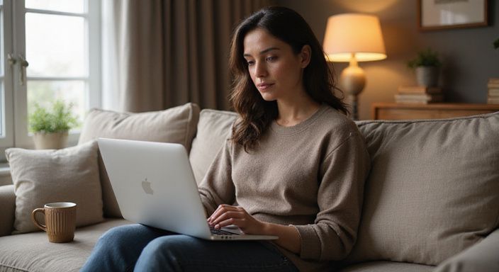 Eine entspannte Frau sitzt mit Laptop und Kaffeetasse auf dem Sofa