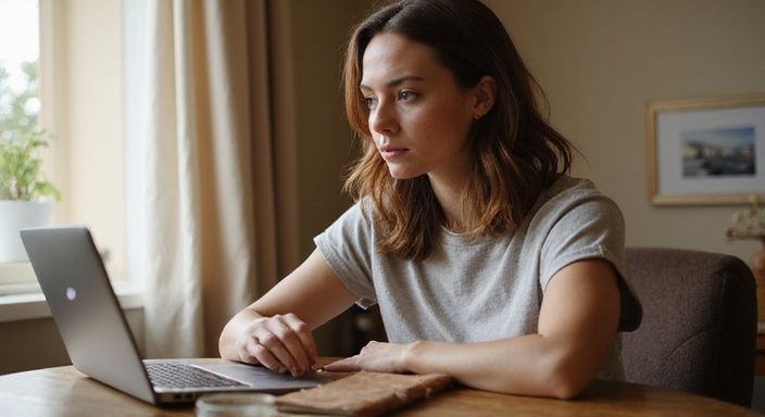 Eine Frau sitzt konzentriert an einem Schreibtisch und nutzt ihren Laptop