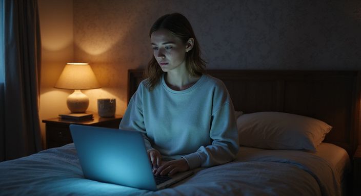 Eine Frau sitzt nachdenklich am Bett mit einem Laptop. Eine Frau sitzt nachdenklich am Bett mit einem Laptop und suche sexkontakte in Österreich.