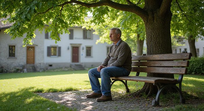 Eine ruhige Parkbank in einem österreichischen Dorf unter Bäumen. Eine ruhige Parkbank in einem österreichischen Dorf unter Bäumen.