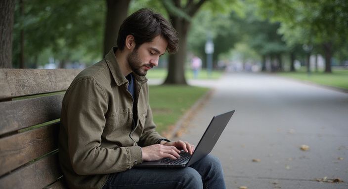 Eine Person sitzt entspannt auf einer Bank und arbeitet am Laptop. Eine Person sitzt entspannt auf einer Bank und wollen sexkontakte in Österreich.