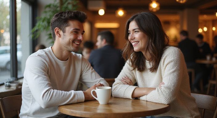 Zwei Erwachsene genießen ein Gespräch in einem belebten Café