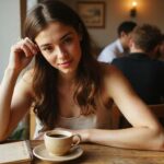 Heimlich flirten: So erkennst du diskrete Liebessignale Eine Frau in einem Café mit Notizbuch und Smartphone