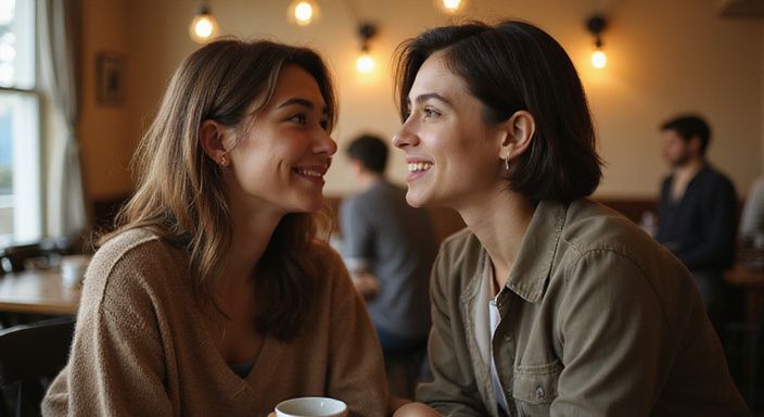 Zwei Personen teilen einen intimen, lächelnden Moment in einem Café.