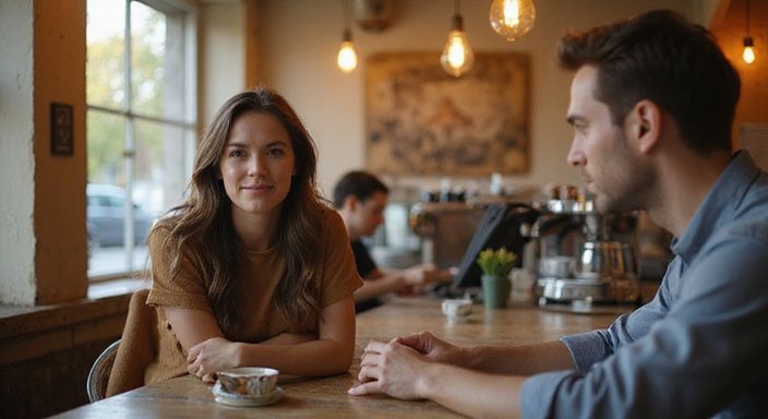 Ein Paar lächelt sich in einem gemütlichen Café an.
