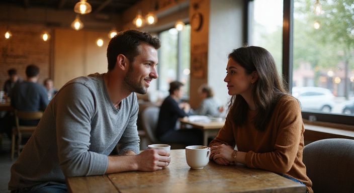 Ein Mann und eine Frau genießen ein entspanntes Gespräch in einem Café.