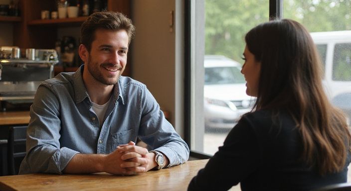 Ein lächelnder Mann hört interessiert einer Frau in einem Café zu.
