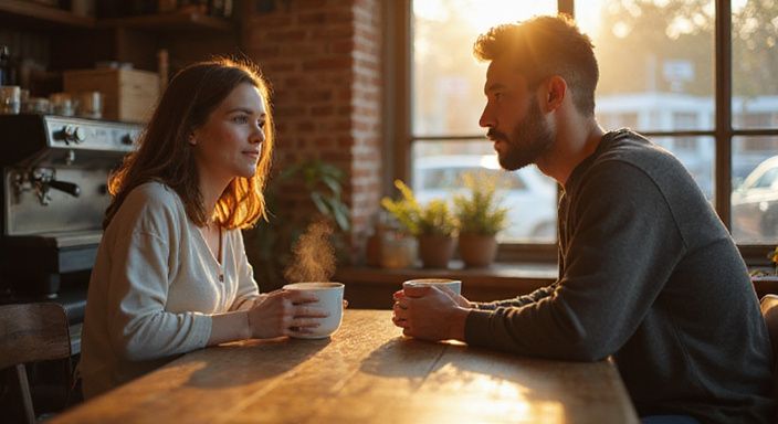 Eine Frau und Mann genießen ein Gespräch über flirten mit frauen bei Kaffee in einem Café.