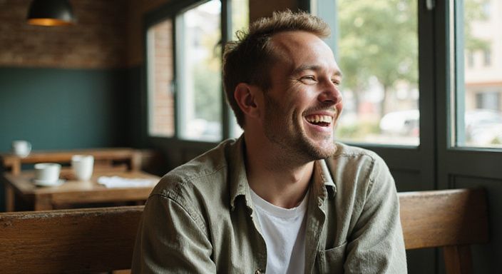 Ein junger Mann lacht herzlich auf einer Holzbank in einem Café und wollen flirten mit frauen.