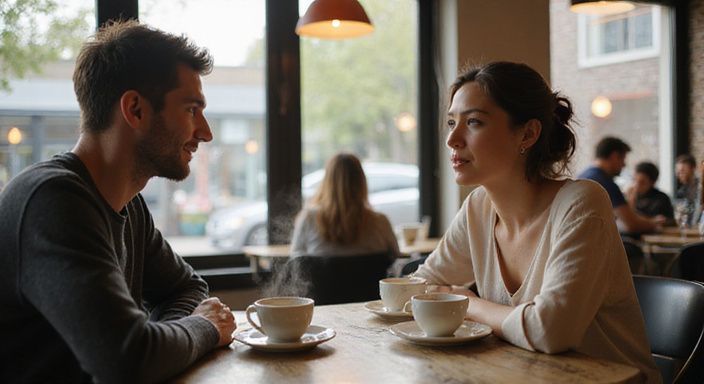 Ein Mann und eine Frau lächeln sich in einem Café an.