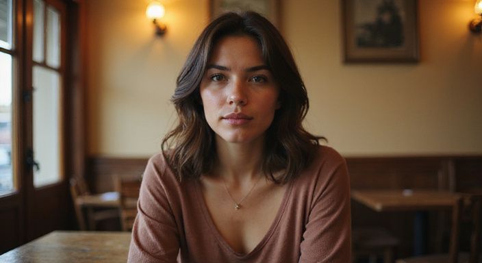 Eine Frau in einem Café zeigt aufmerksame Zuhörerschaft und Offenheit.