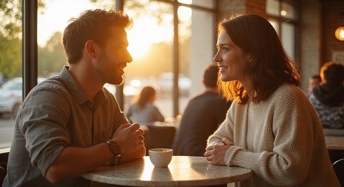 Ein Paar genießt ein entspanntes Gespräch in einem Café.