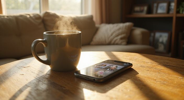 Ein Smartphone zeigt ein Dating-App-Interface auf einem Holz Tisch.