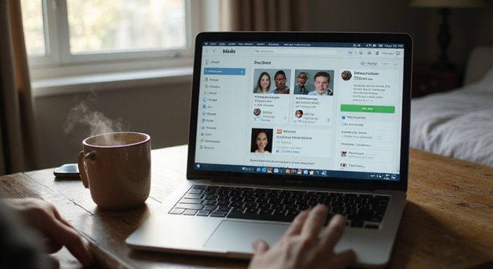 Ein Laptop zeigt ein Kontakt-Marktplatz-Interface auf einem Holztisch.