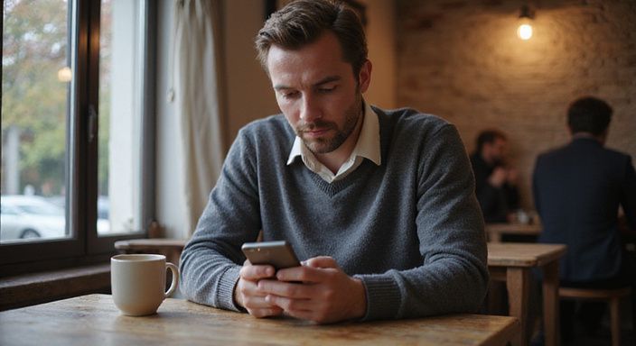 Ein Mann in einem Café konzentriert sich auf sein Smartphone.