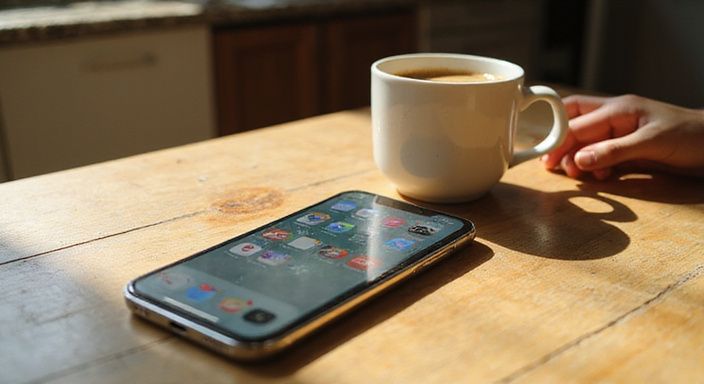 Eine Frau mit ihrem iPhone 14 Pro auf einem Holztisch.