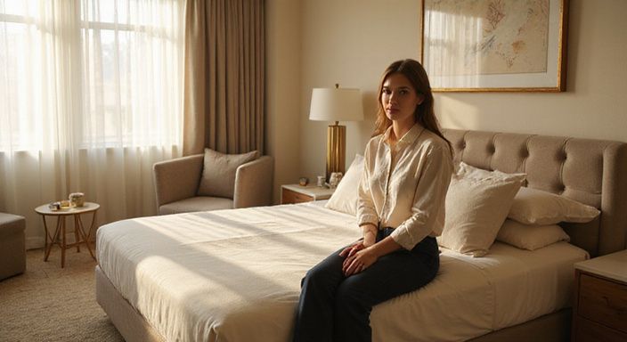 Eine Frau sitzt entspannt auf der Bettkante in einem modernen Hotelzimmer.