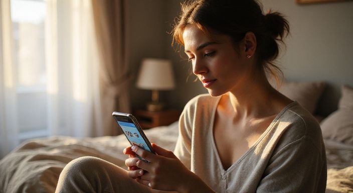 Eine nachdenkliche Frau in einem Schlafzimmer mit Smartphone und Dating-App. Eine nachdenkliche Frau in einem Schlafzimmer mit Smartphone und Dating-App.