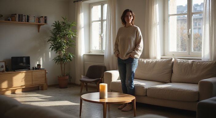 Eine Frau steht entspannt in einem skandinavisch eingerichteten Raum. Eine Frau steht entspannt in einem skandinavisch eingerichteten Raum.